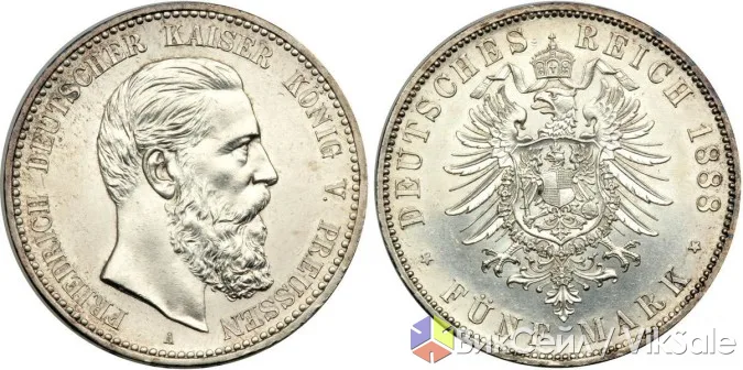 Серебряная монета 5 марок, Германия, 1876 год