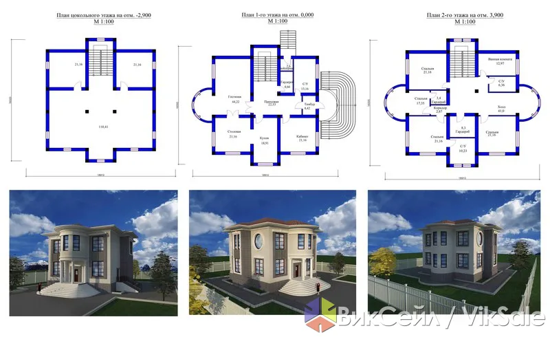 Готовый проект коттеджа 471 м²: 2 этажа + цоколь