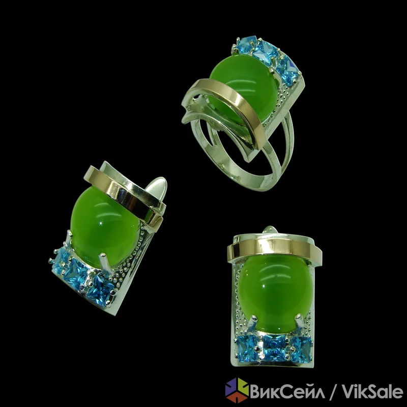 Серебряные серьги с золотыми вставками и цветными камнями, опт